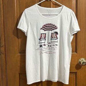 Chico's White Tee with Beach Graphic and Red Black Details